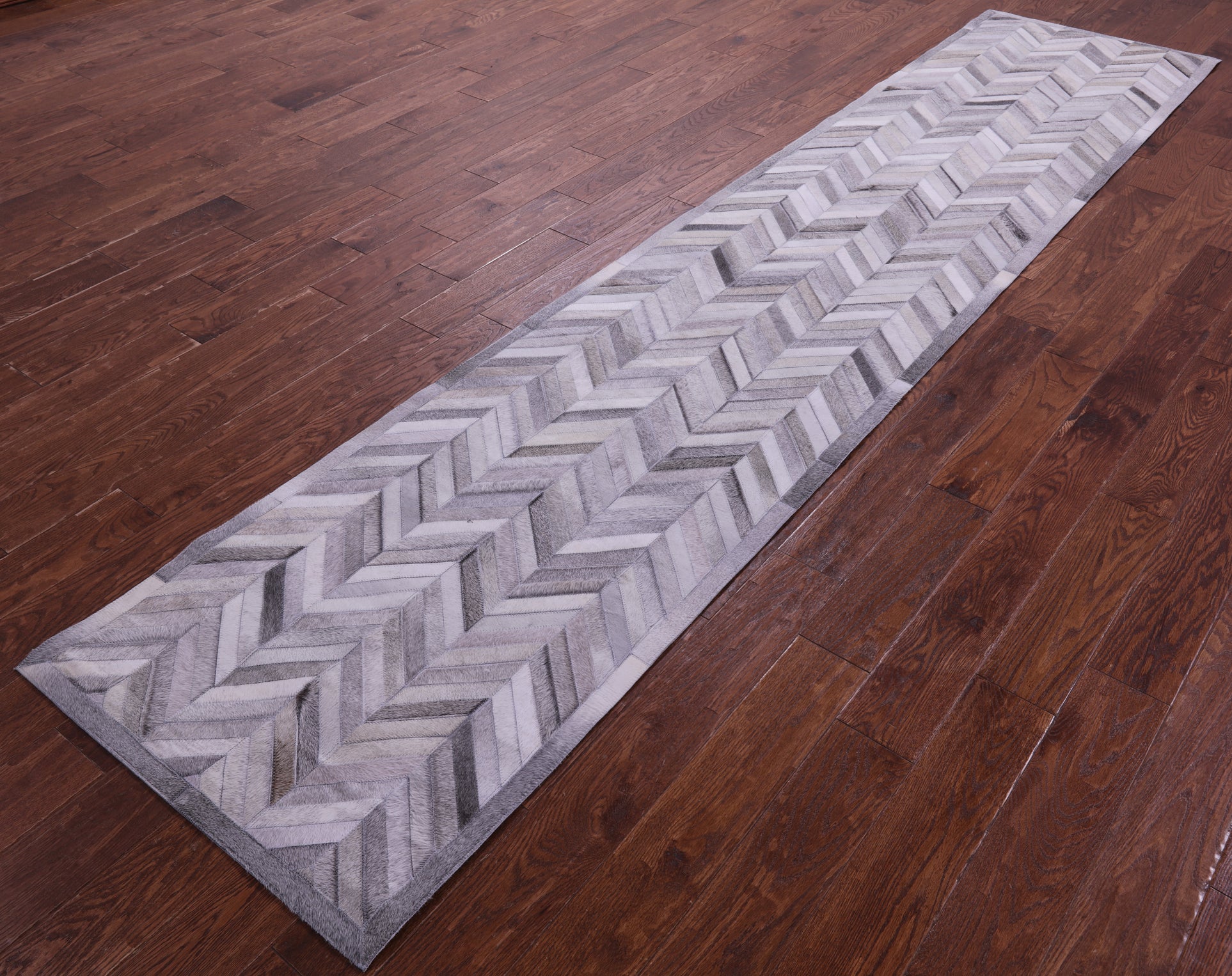 Grey Chevron Natural Cowhide Hand Stitched Patchwork Runner Rug - 2' 6" X 12' 0"