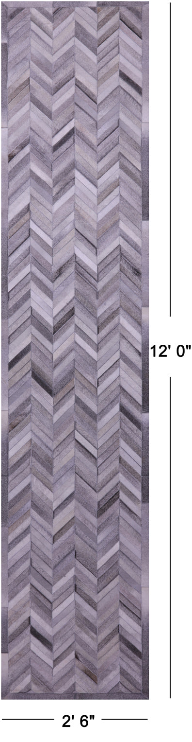 Grey Chevron Natural Cowhide Hand Stitched Patchwork Runner Rug - 2' 6" X 12' 0"