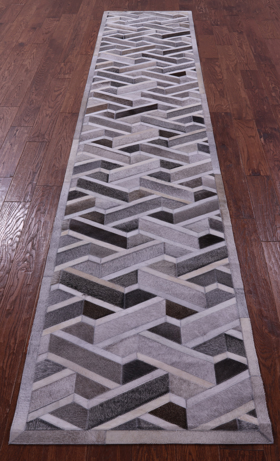 Grey Natural Cowhide Hand Stitched Patchwork Runner Rug - 2' 6" X 12' 0"