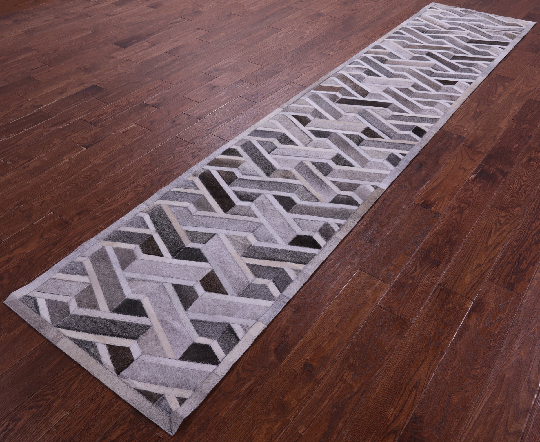 Grey Natural Cowhide Hand Stitched Patchwork Runner Rug - 2' 6" X 12' 0"