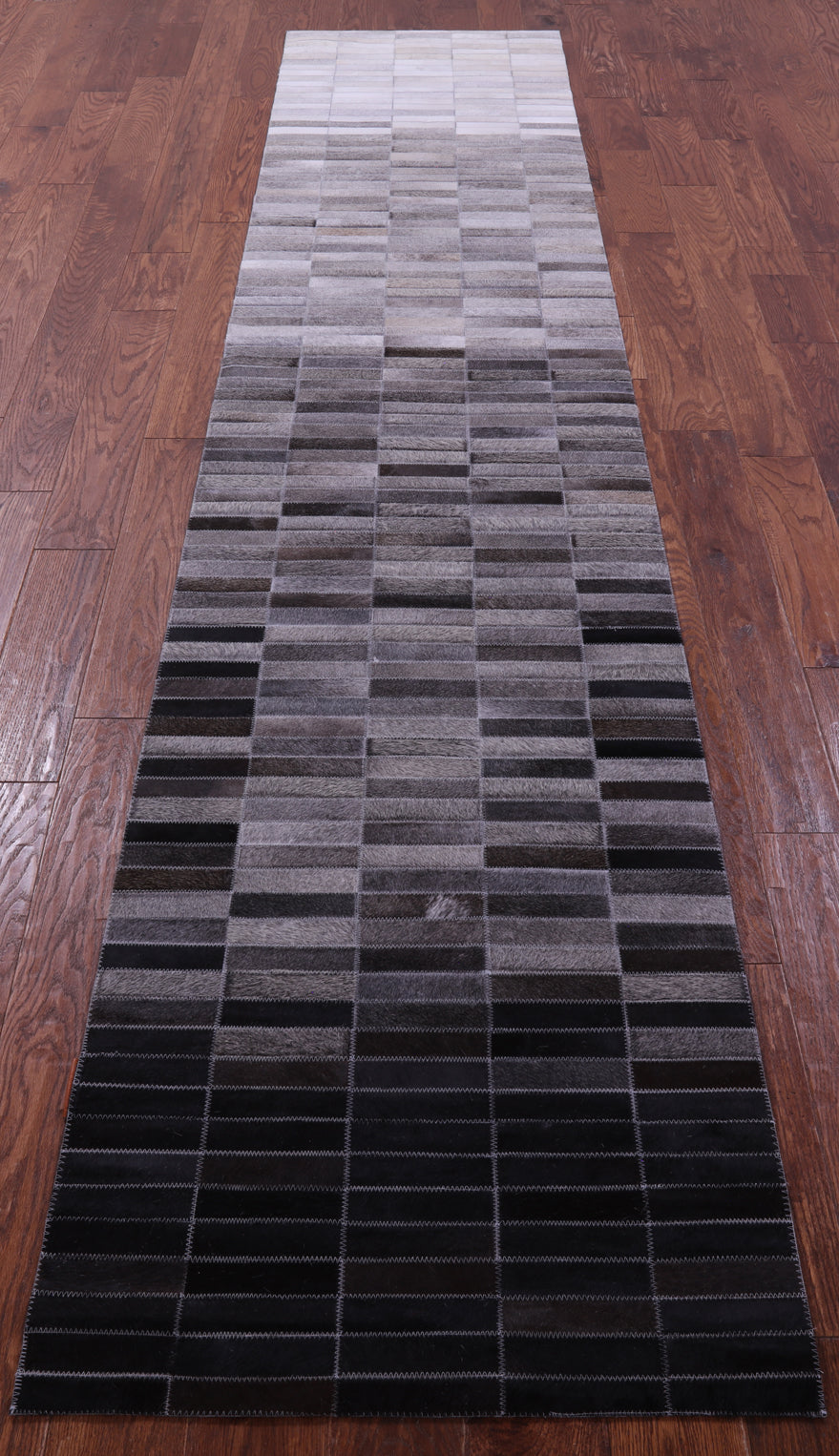 Grey & White Gradient Brickwork Natural Cowhide Hand Stitched Patchwork Runner Rug - 2' 6" X 12' 0"