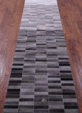 Grey & White Gradient Brickwork Natural Cowhide Hand Stitched Patchwork Runner Rug - 2' 6" X 12' 0"