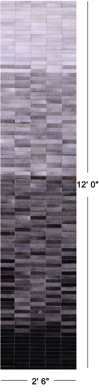 Grey & White Gradient Brickwork Natural Cowhide Hand Stitched Patchwork Runner Rug - 2' 6" X 12' 0"