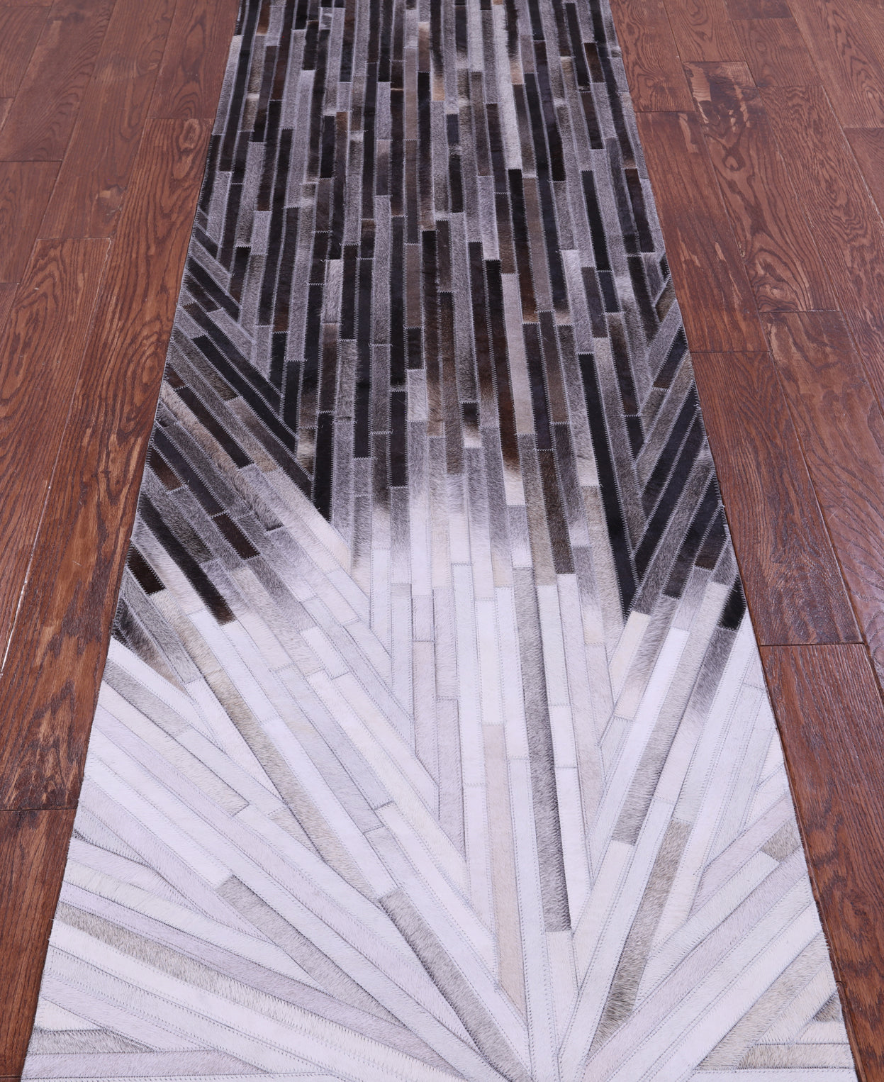 Brown & White Natural Cowhide Hand Stitched Patchwork Runner Rug - 2' 6" X 12' 0"