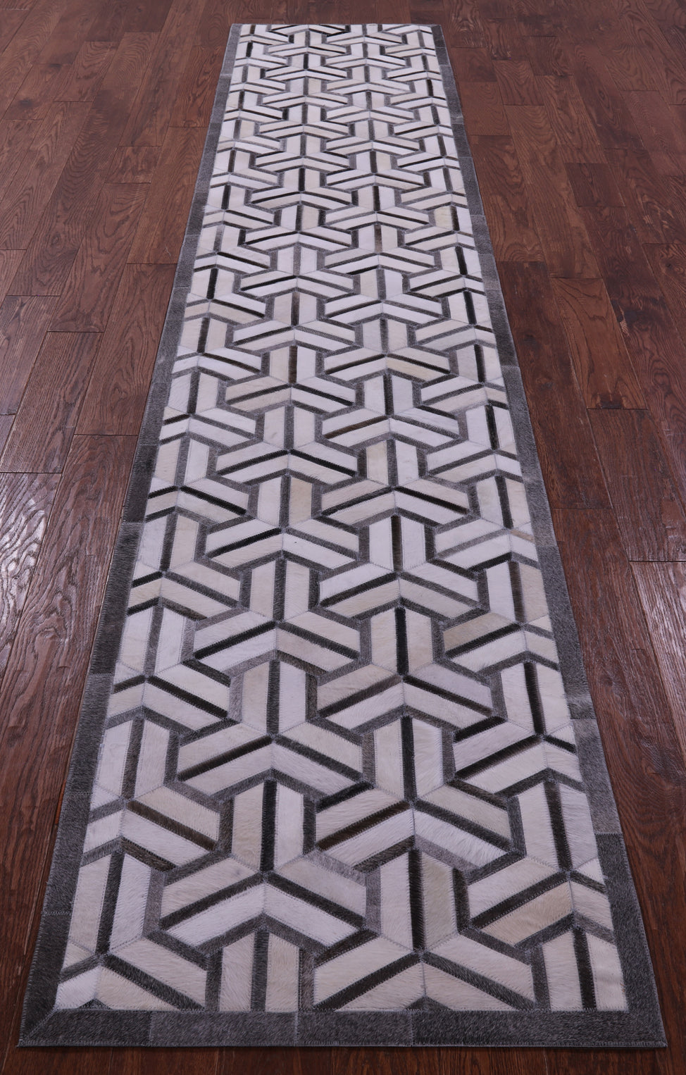 Grey & White Natural Cowhide Hand Stitched Patchwork Runner Rug - 2' 6" X 12' 0"