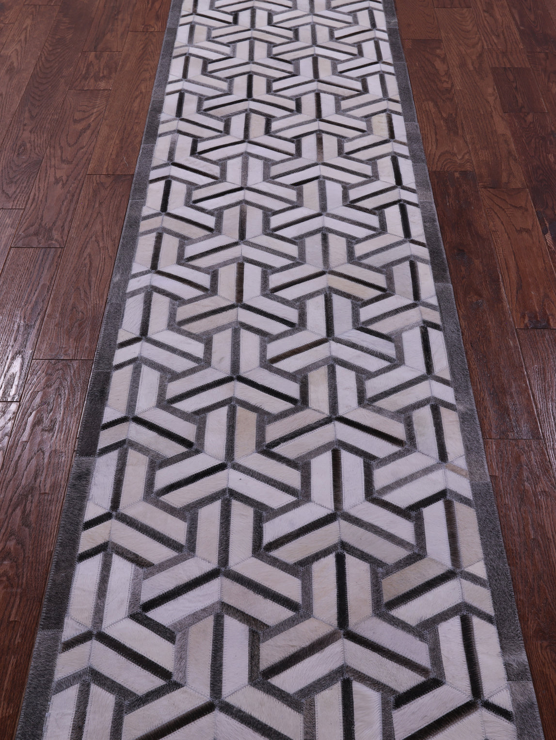 Grey & White Natural Cowhide Hand Stitched Patchwork Runner Rug - 2' 6" X 12' 0"