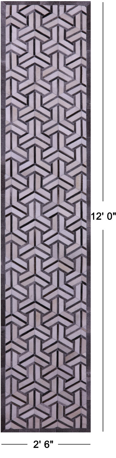 Grey & White Natural Cowhide Hand Stitched Patchwork Runner Rug - 2' 6" X 12' 0"