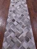Grey & White Natural Cowhide Hand Stitched Patchwork Runner Rug - 2' 6" X 12' 0"