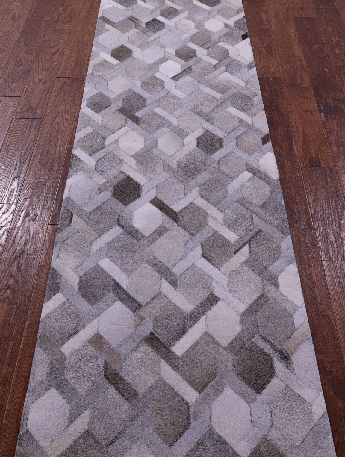 Grey & White Natural Cowhide Hand Stitched Patchwork Runner Rug - 2' 6" X 12' 0"