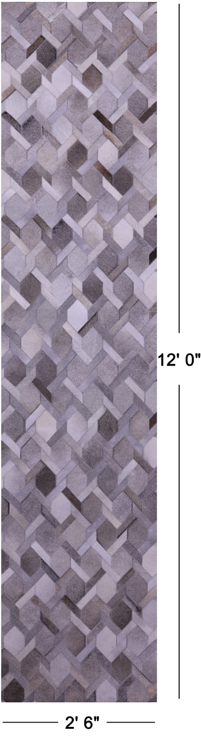 Grey & White Natural Cowhide Hand Stitched Patchwork Runner Rug - 2' 6" X 12' 0"