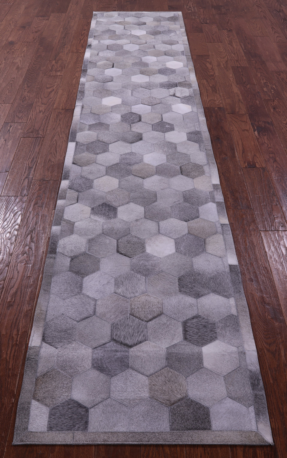 Grey Natural Cowhide Hand Stitched Patchwork Runner Rug - 2' 6" X 12' 0"