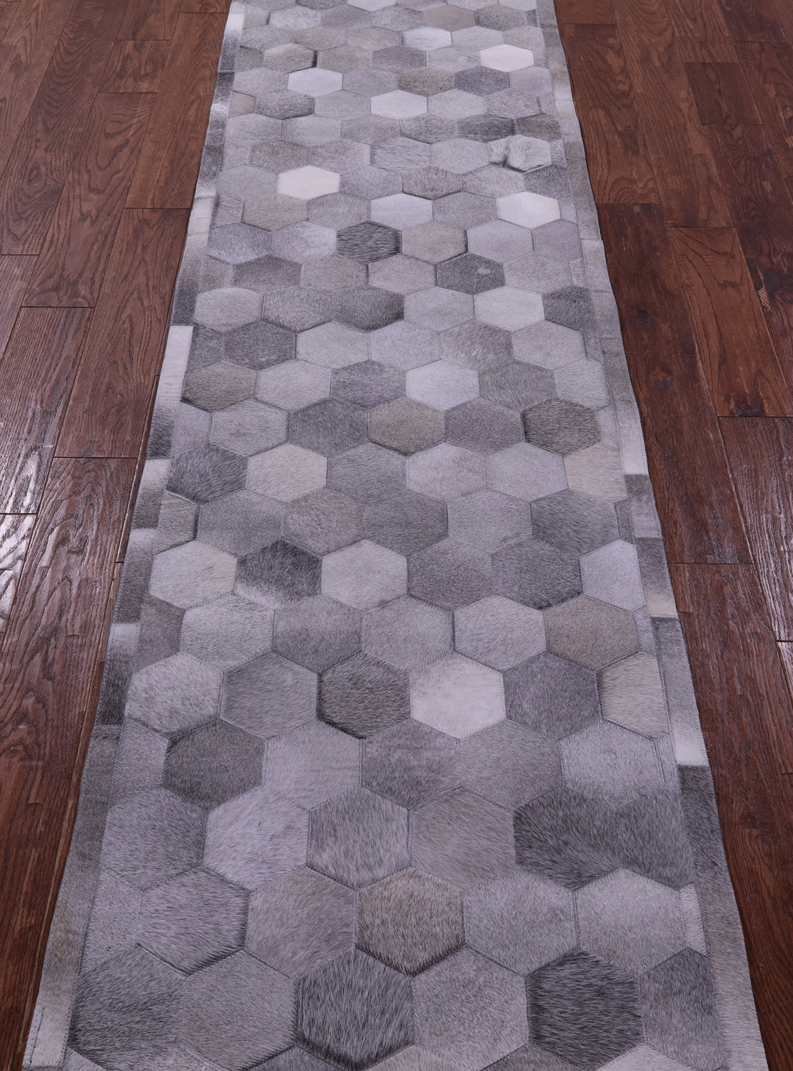 Grey Natural Cowhide Hand Stitched Patchwork Runner Rug - 2' 6" X 12' 0"