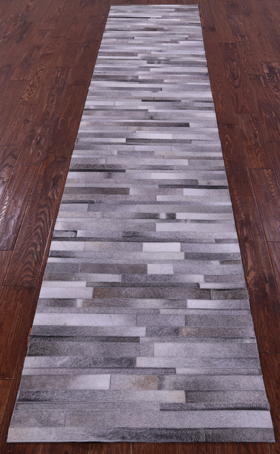 Grey Brickwork Natural Cowhide Hand Stitched Patchwork Runner Rug - 2' 6" X 12' 0"