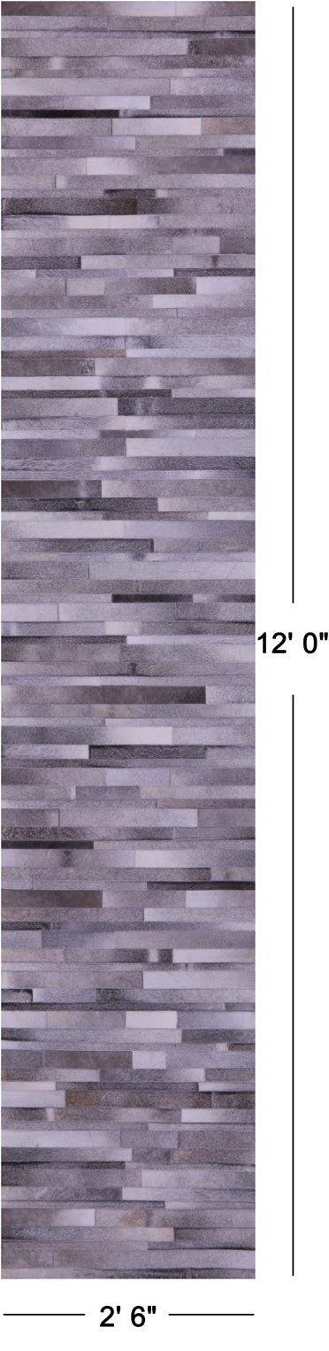 Grey Brickwork Natural Cowhide Hand Stitched Patchwork Runner Rug - 2' 6" X 12' 0"