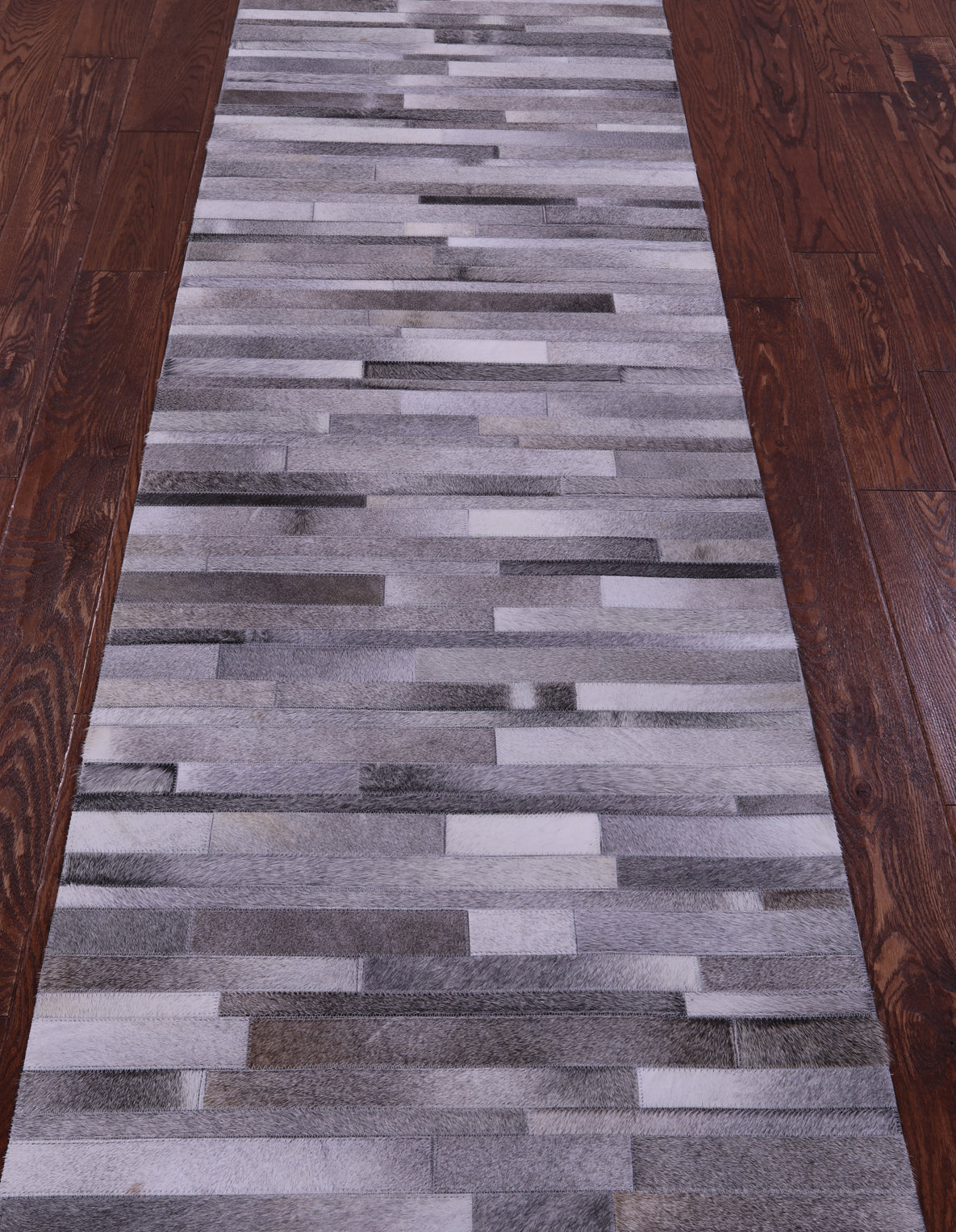Grey Brickwork Natural Cowhide Hand Stitched Patchwork Runner Rug - 2' 6" X 12' 0"