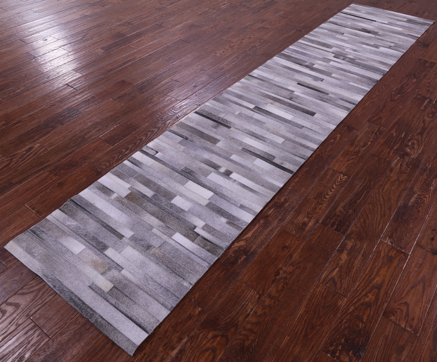 Grey Brickwork Natural Cowhide Hand Stitched Patchwork Runner Rug - 2' 6" X 12' 0"
