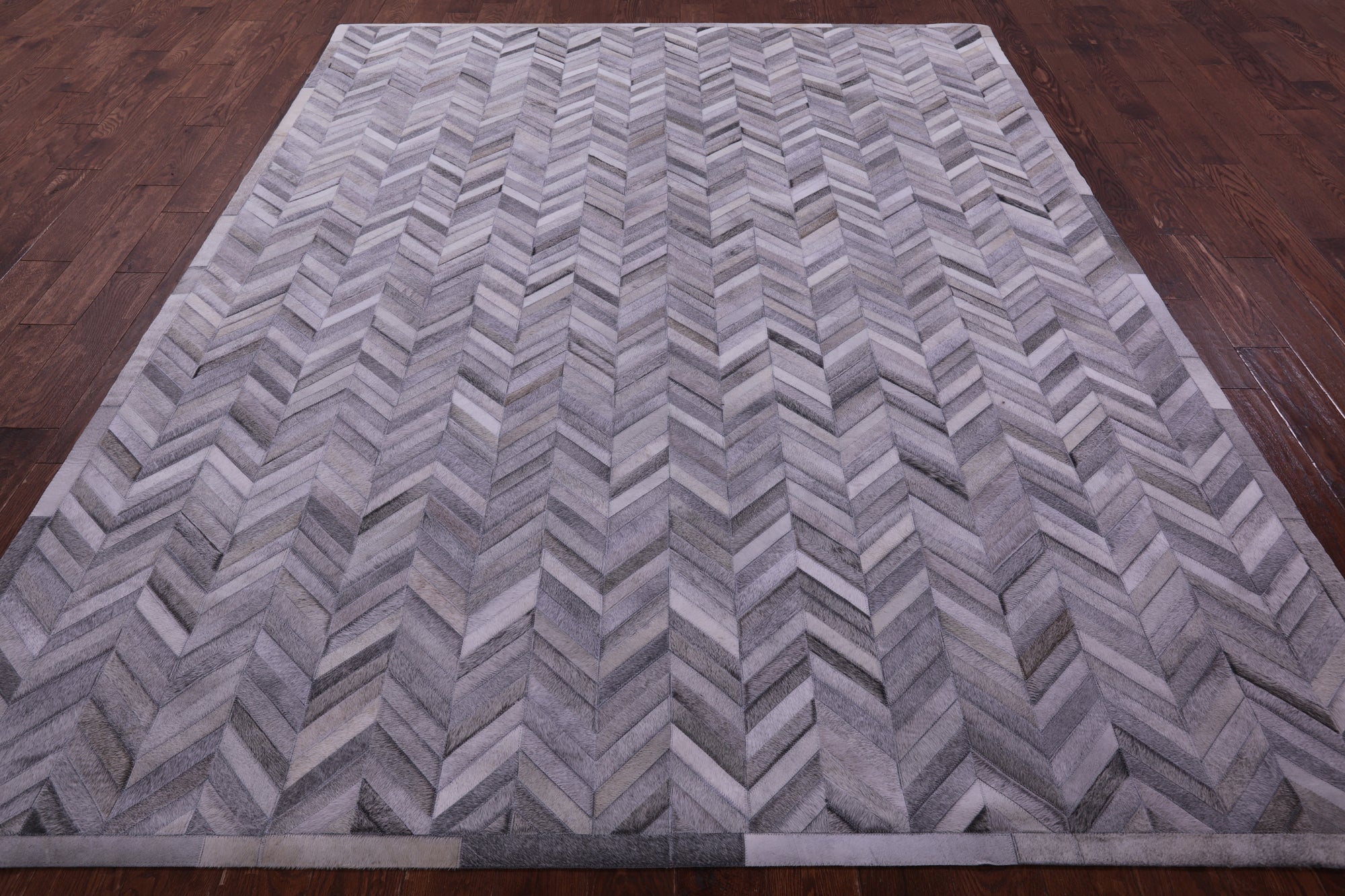 Grey Chevron Natural Cowhide Hand Stitched Patchwork Rug - 8' 0" X 10' 0"