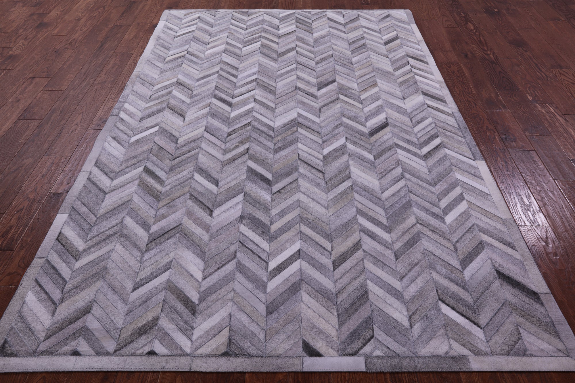 Grey Chevron Natural Cowhide Hand Stitched Patchwork Rug - 6' 0" X 9' 0"