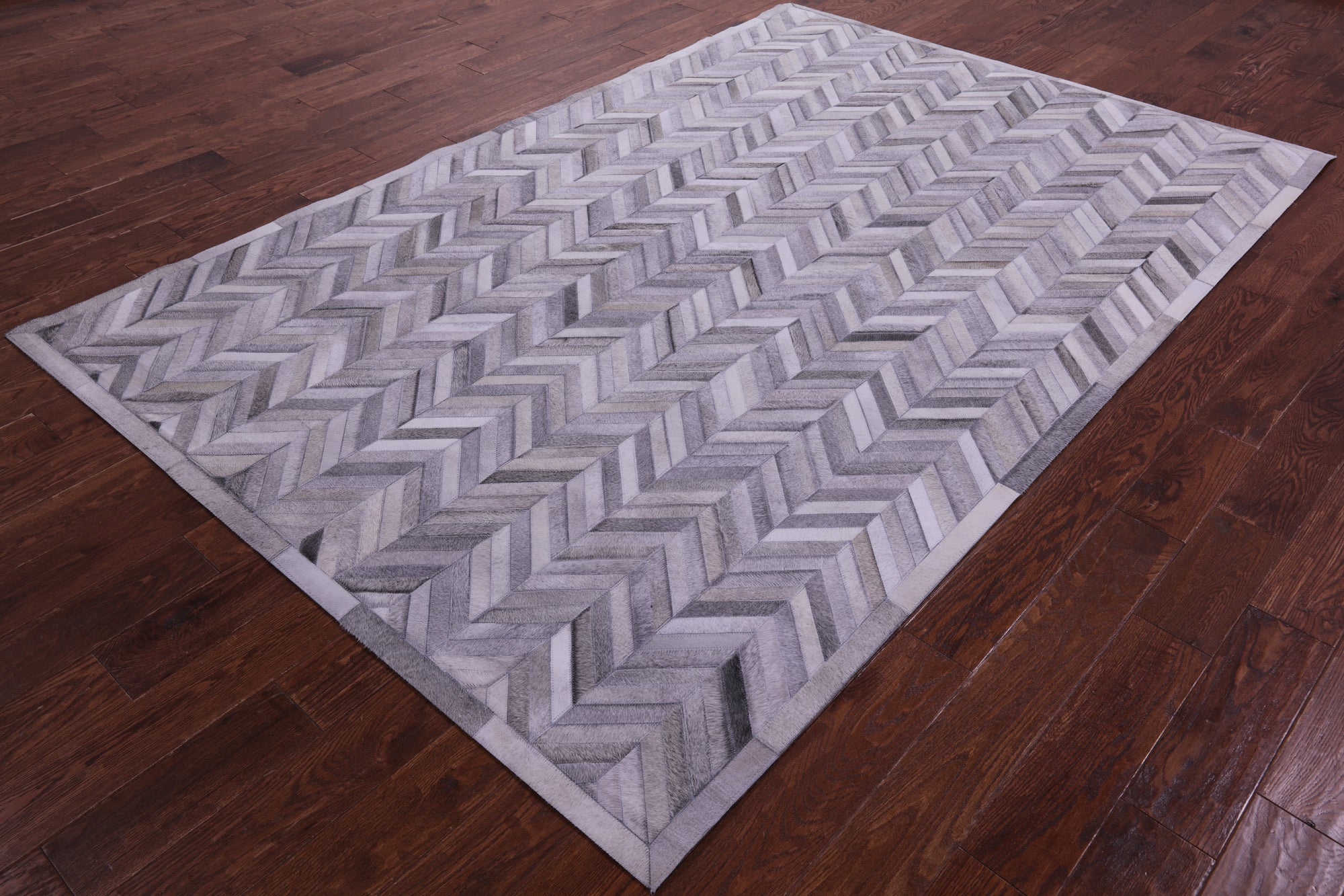 Grey Chevron Natural Cowhide Hand Stitched Patchwork Rug - 6' 0" X 9' 0"
