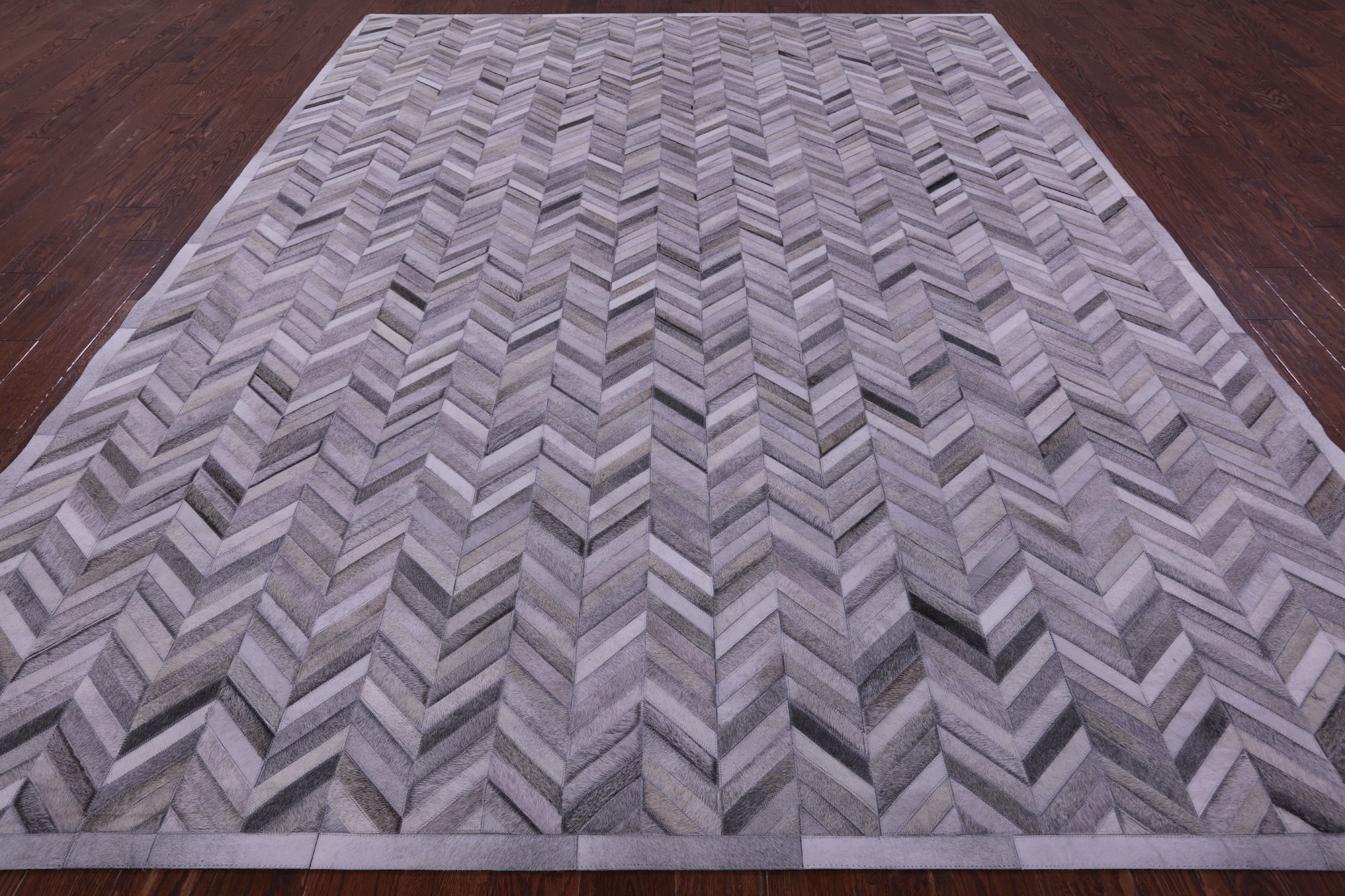 Grey Chevron Natural Cowhide Hand Stitched Patchwork Rug - 9' 0" X 12' 0"
