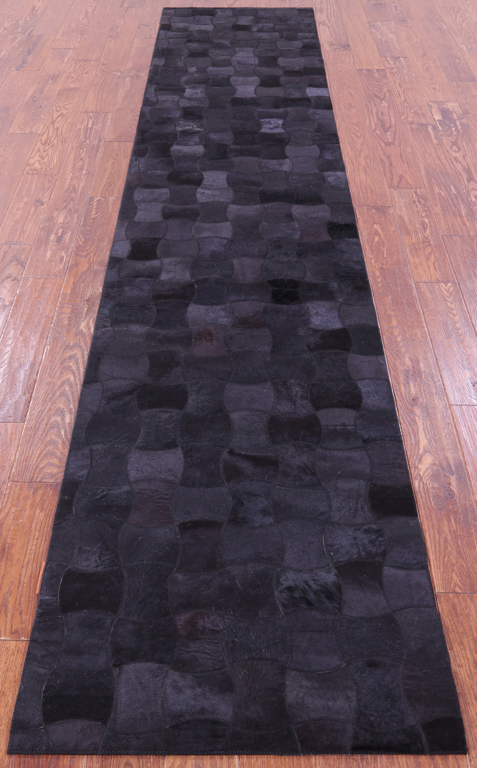 Black Natural Cowhide Hand Stitched Patchwork Runner Rug - 2' 6" X 12' 0"