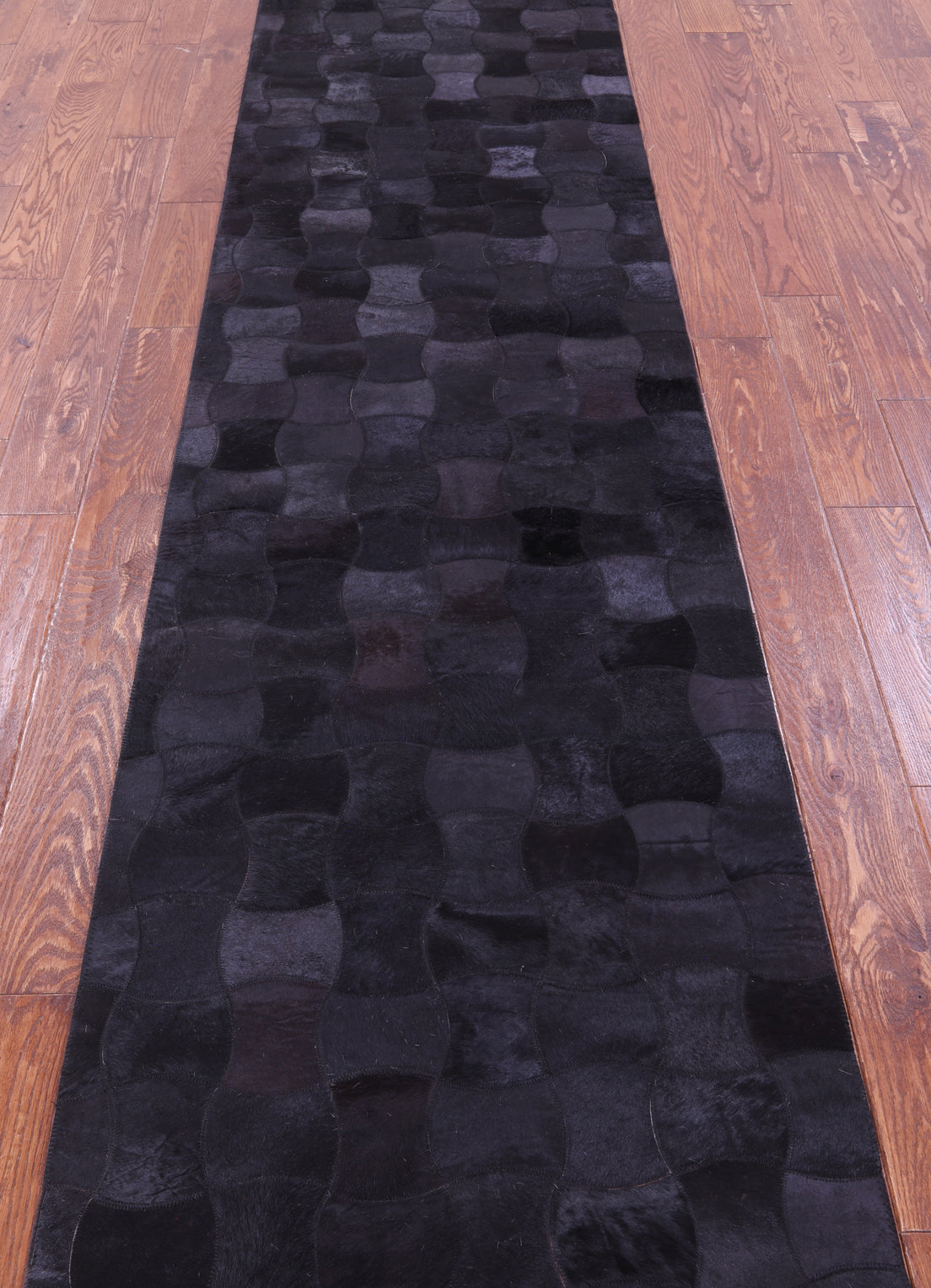Black Natural Cowhide Hand Stitched Patchwork Runner Rug - 2' 6" X 12' 0"
