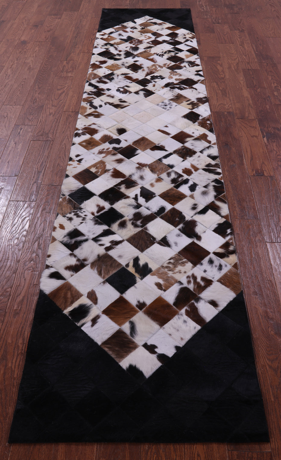 Brown & White & Black Natural Cowhide Hand Stitched Patchwork Runner Rug - 2' 6" X 12' 0"