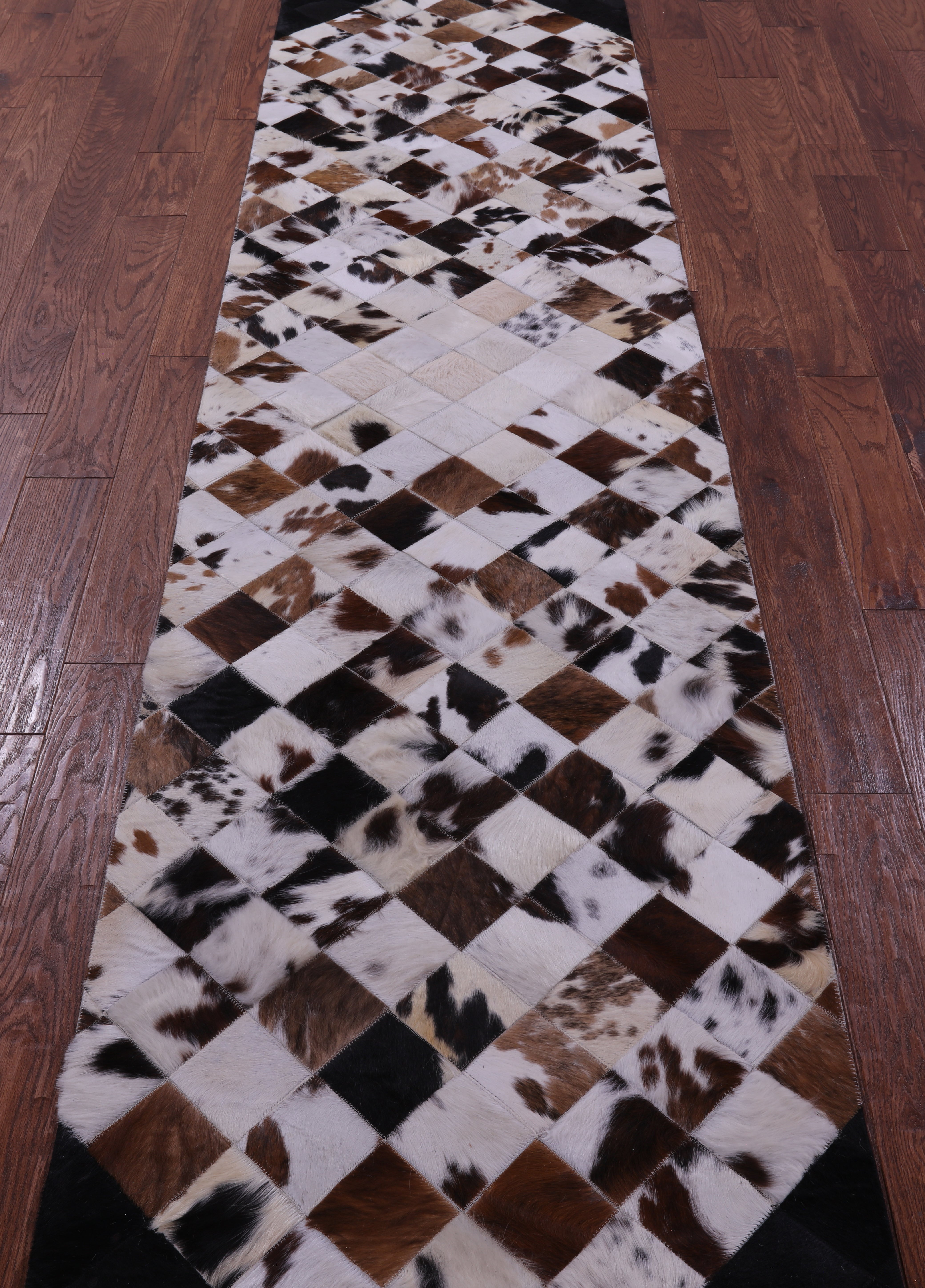 Brown & White & Black Natural Cowhide Hand Stitched Patchwork Runner Rug - 2' 6" X 12' 0"