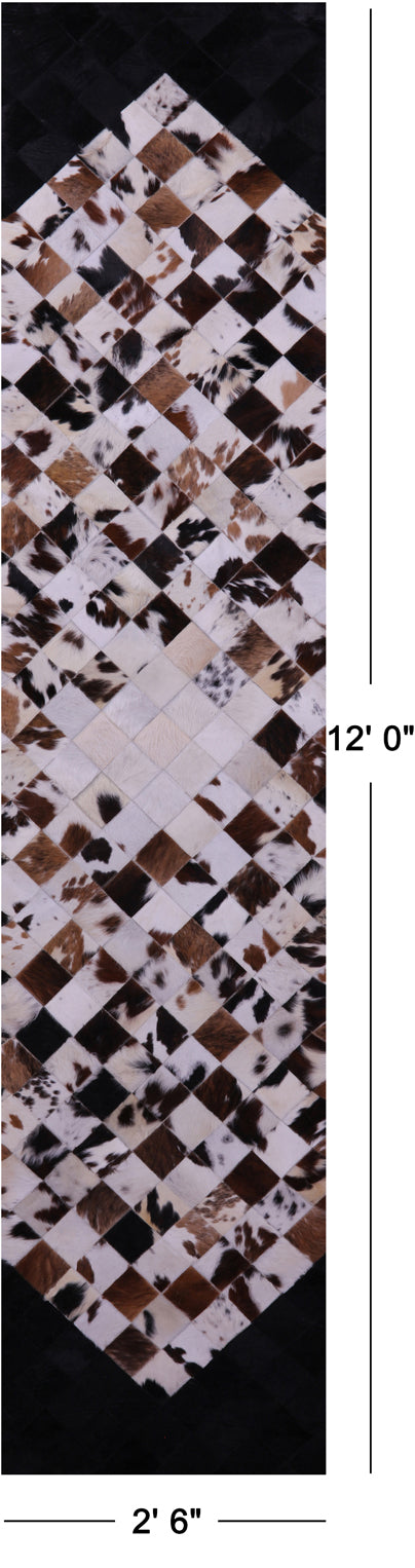 Brown & White & Black Natural Cowhide Hand Stitched Patchwork Runner Rug - 2' 6" X 12' 0"