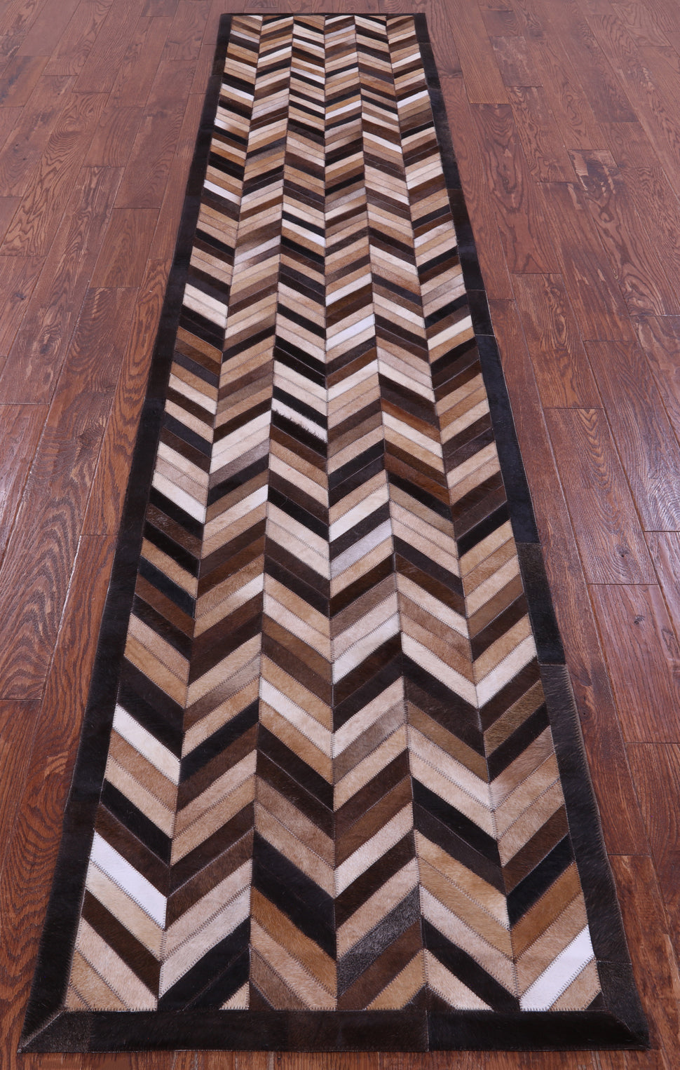Brown Chevron Natural Cowhide Hand Stitched Patchwork Runner Rug - 2' 6" X 12' 0"