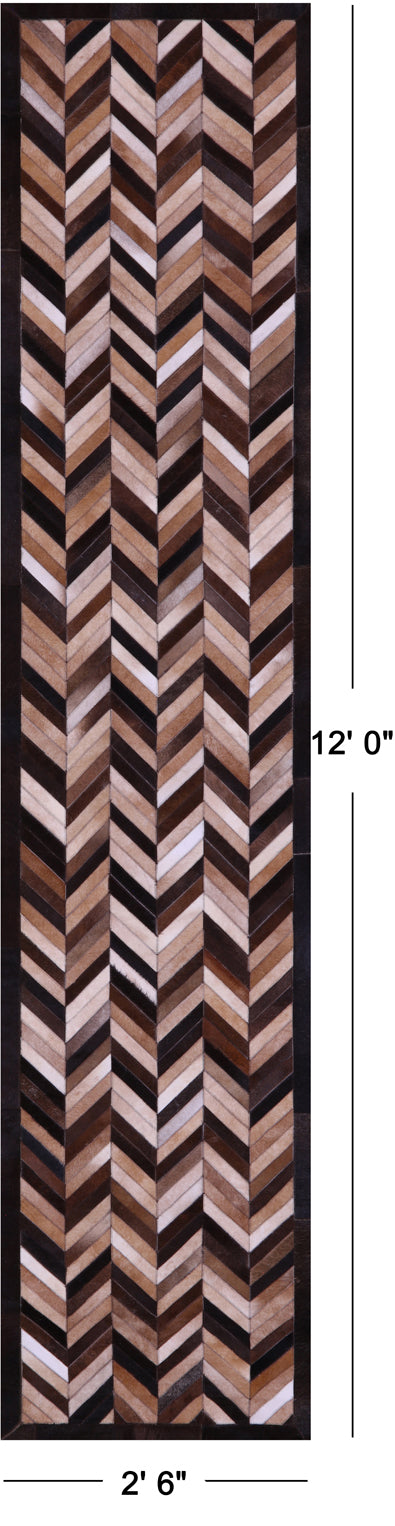 Brown Chevron Natural Cowhide Hand Stitched Patchwork Runner Rug - 2' 6" X 12' 0"