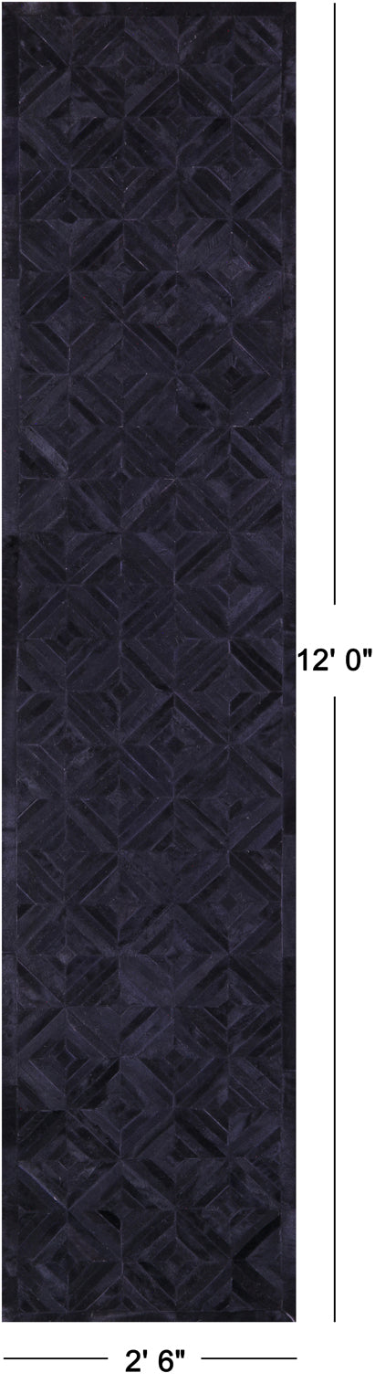 Black Natural Cowhide Hand Stitched Patchwork Runner Rug - 2' 6" X 12' 0"