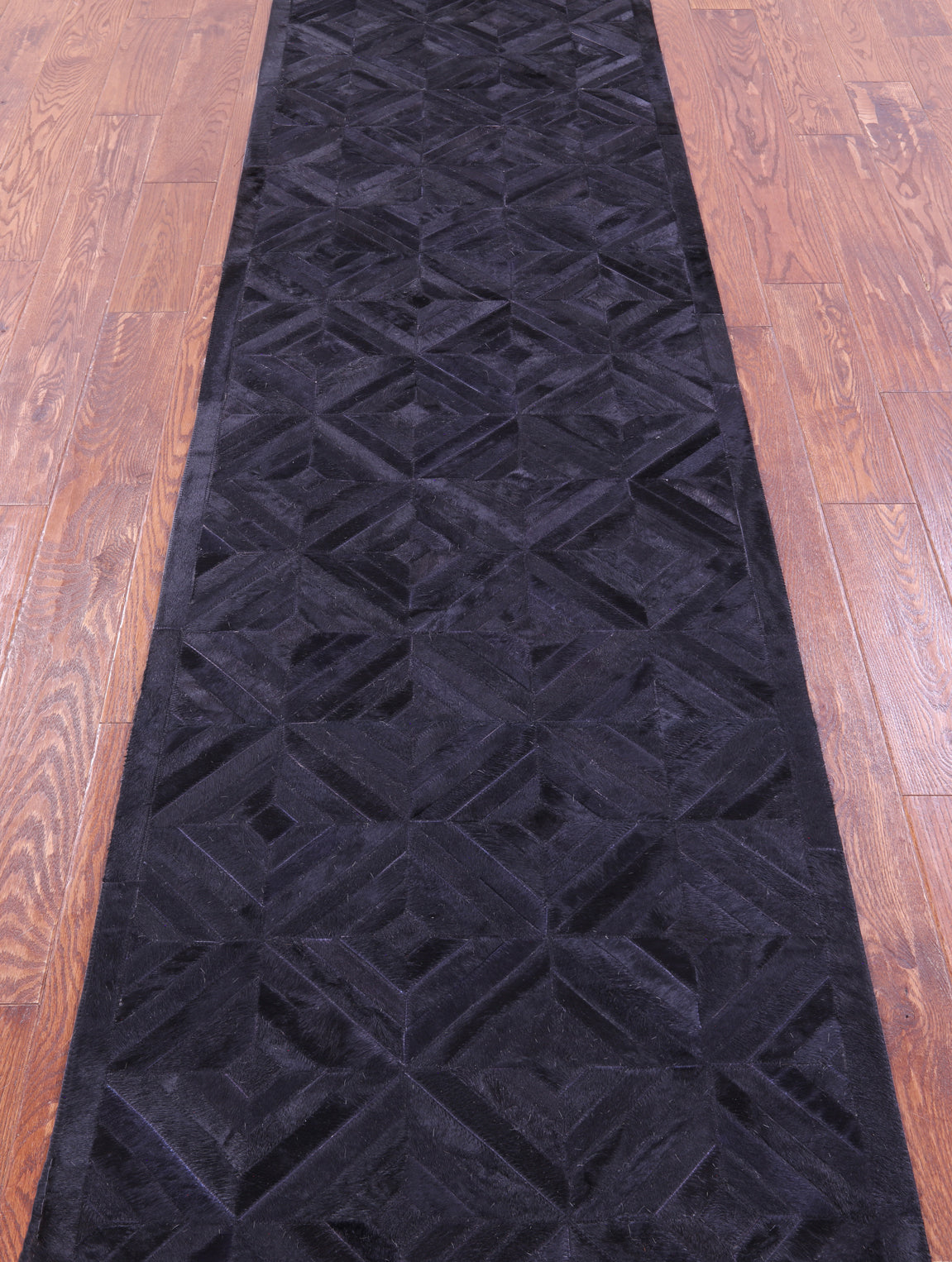 Black Natural Cowhide Hand Stitched Patchwork Runner Rug - 2' 6" X 12' 0"