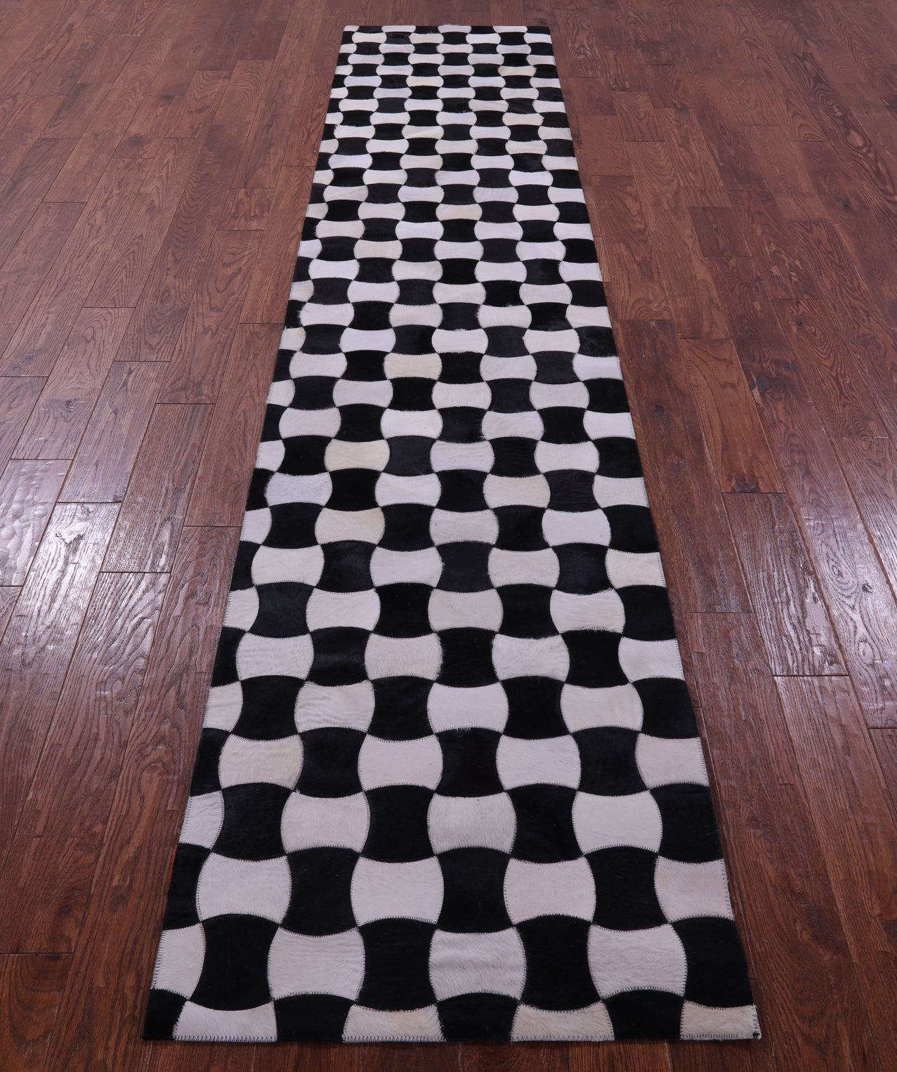 Black & White Natural Cowhide Hand Stitched Patchwork Runner Rug - 2' 6" X 12' 0"
