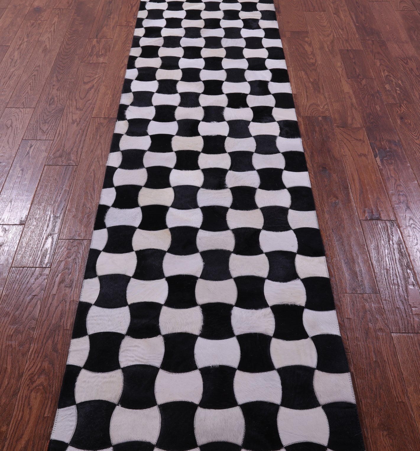 Black & White Natural Cowhide Hand Stitched Patchwork Runner Rug - 2' 6" X 12' 0"