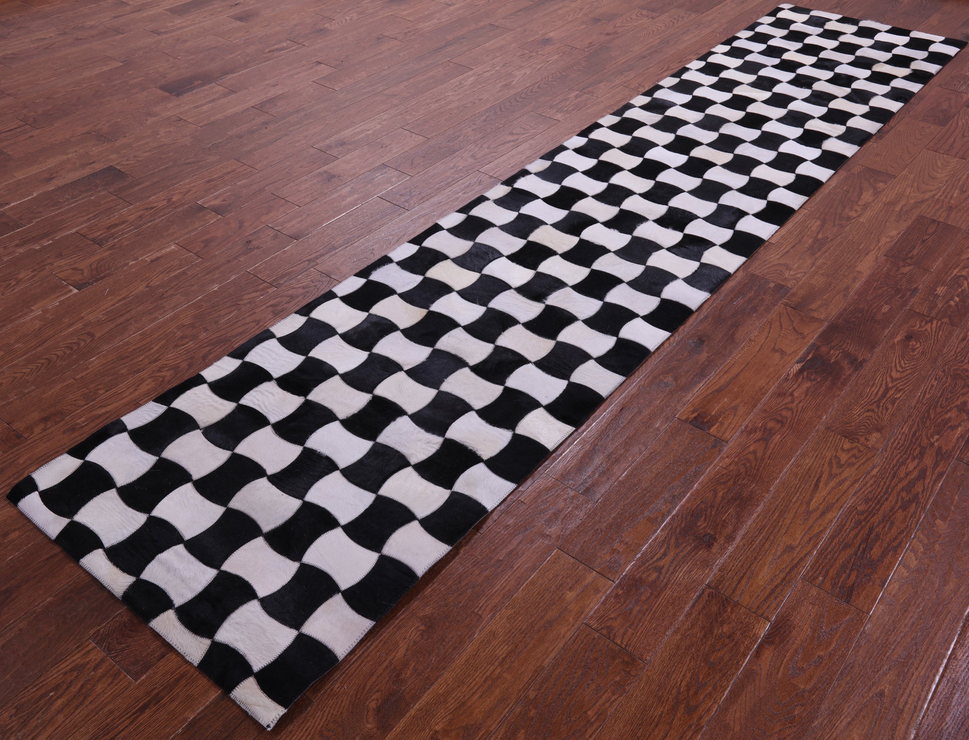 Black & White Natural Cowhide Hand Stitched Patchwork Runner Rug - 2' 6" X 12' 0"