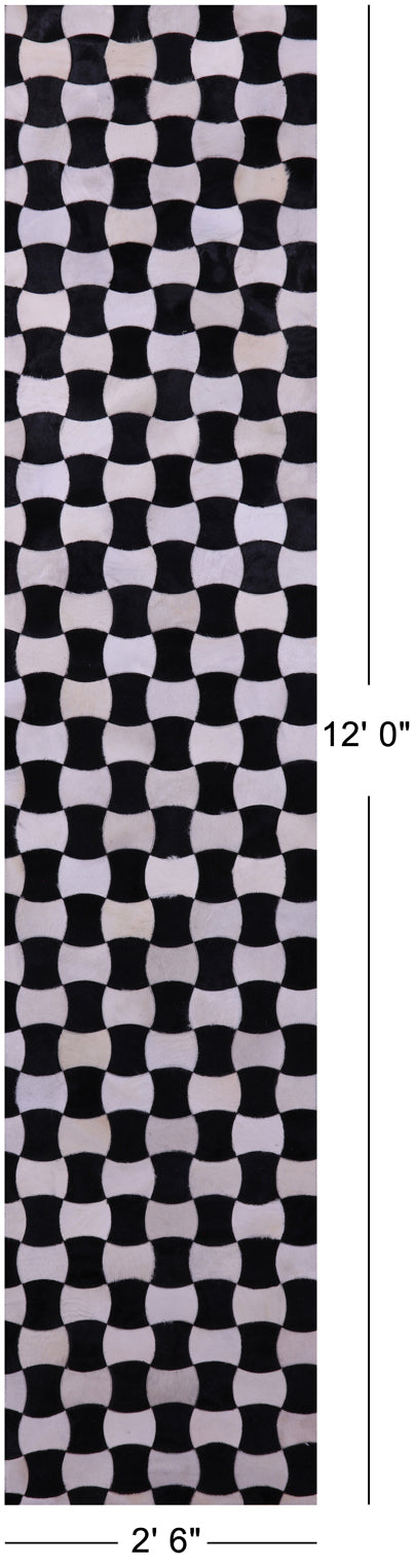 Black & White Natural Cowhide Hand Stitched Patchwork Runner Rug - 2' 6" X 12' 0"