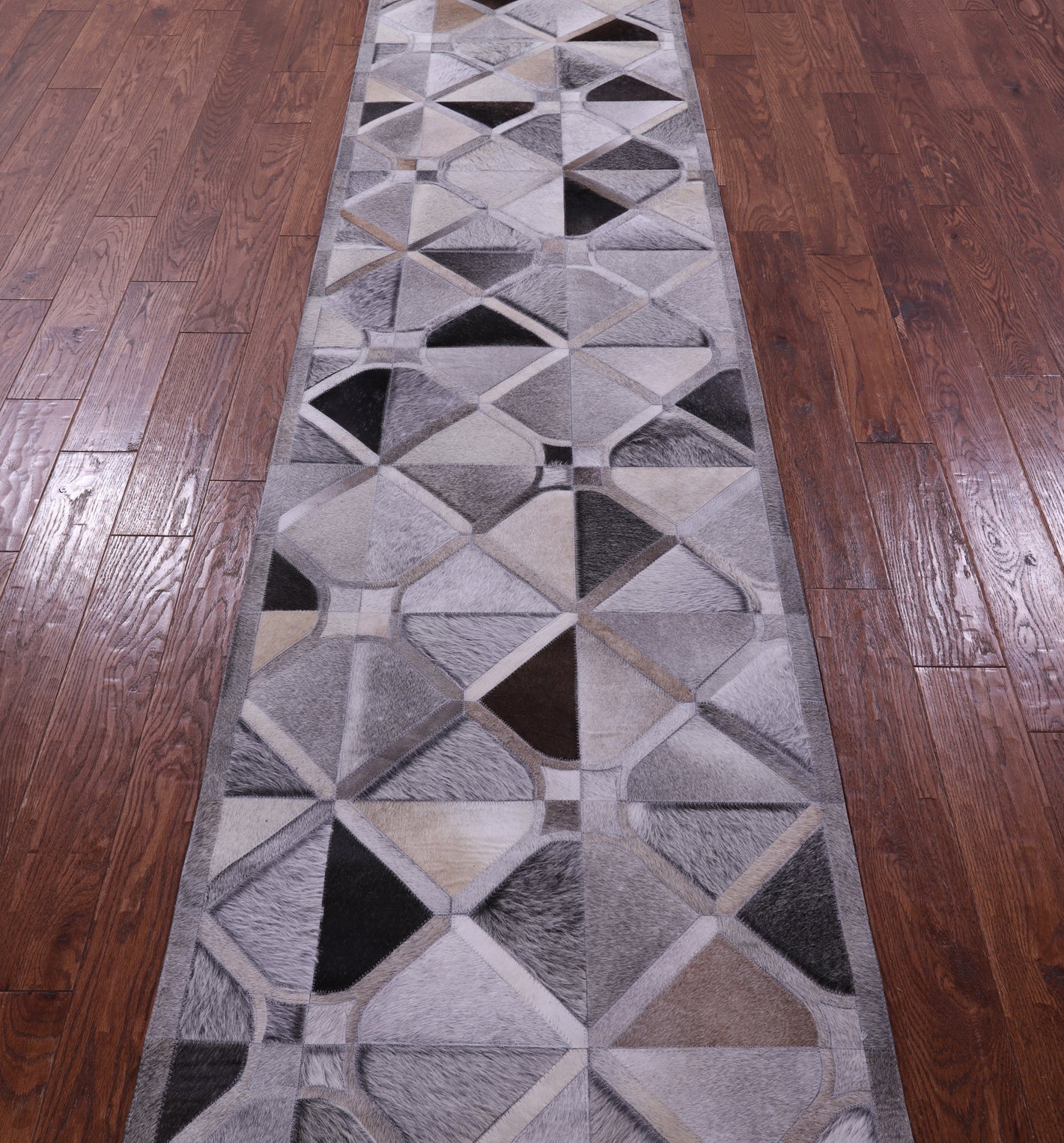 Grey Natural Cowhide Hand Stitched Patchwork Runner Rug - 2' 6" X 12' 0"
