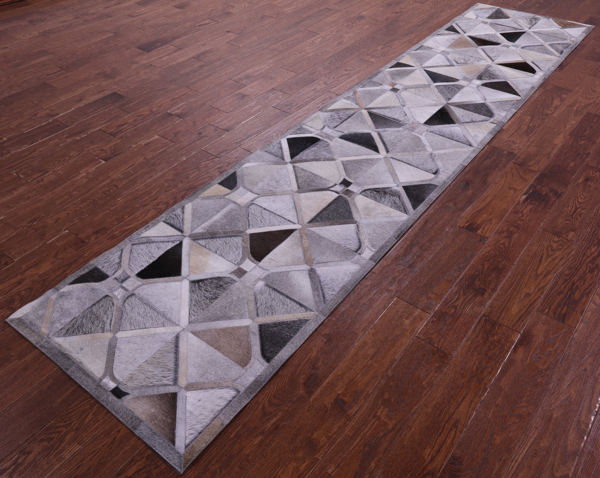 Grey Natural Cowhide Hand Stitched Patchwork Runner Rug - 2' 6" X 12' 0"