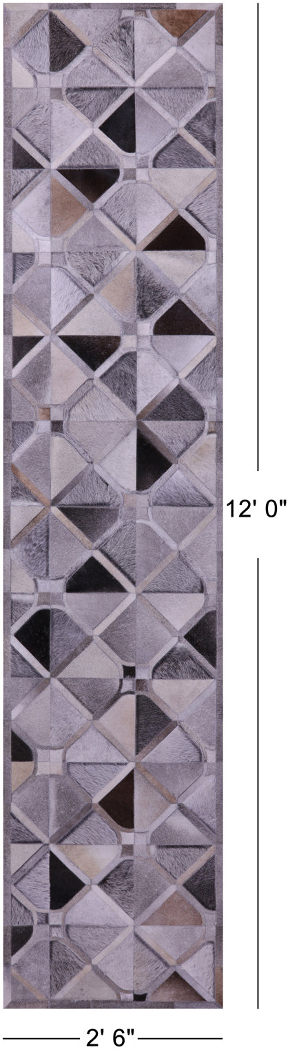 Grey Natural Cowhide Hand Stitched Patchwork Runner Rug - 2' 6" X 12' 0"