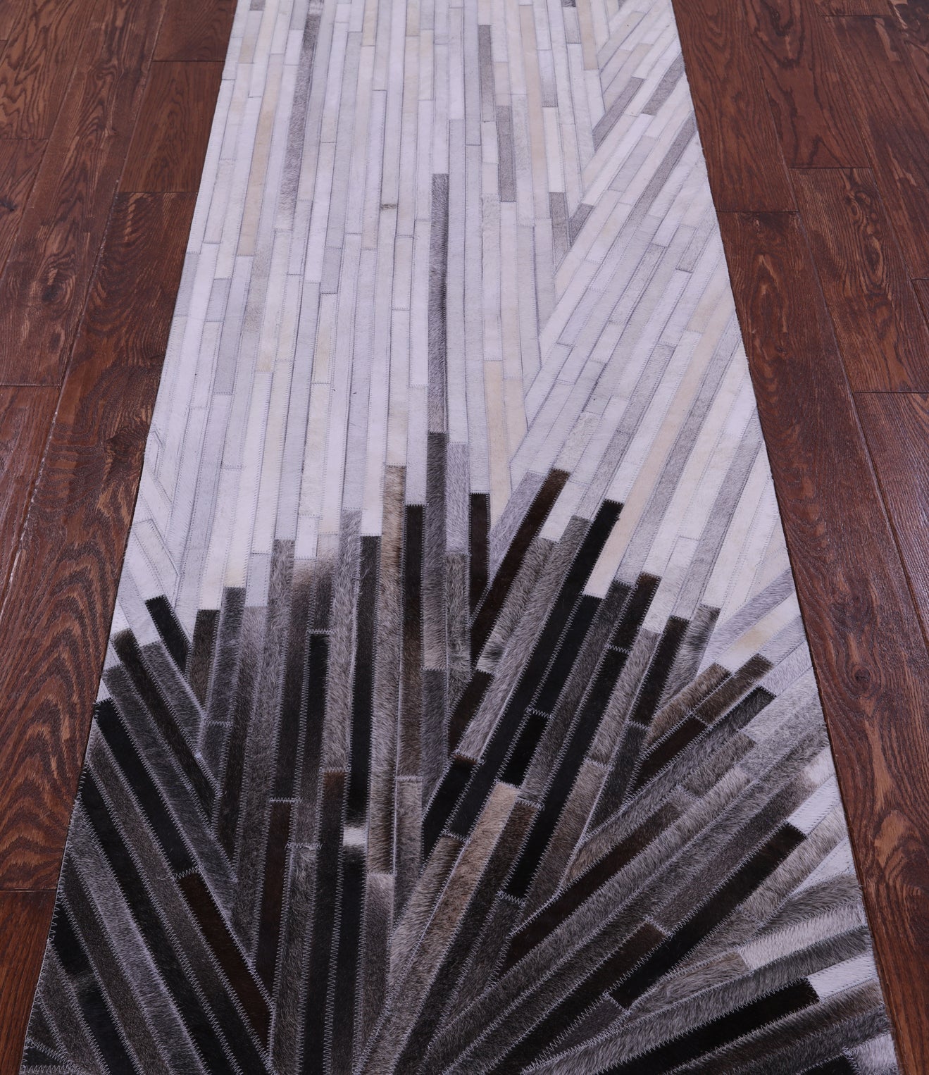 Brown & White Natural Cowhide Hand Stitched Patchwork Runner Rug - 2' 6" X 12' 0"
