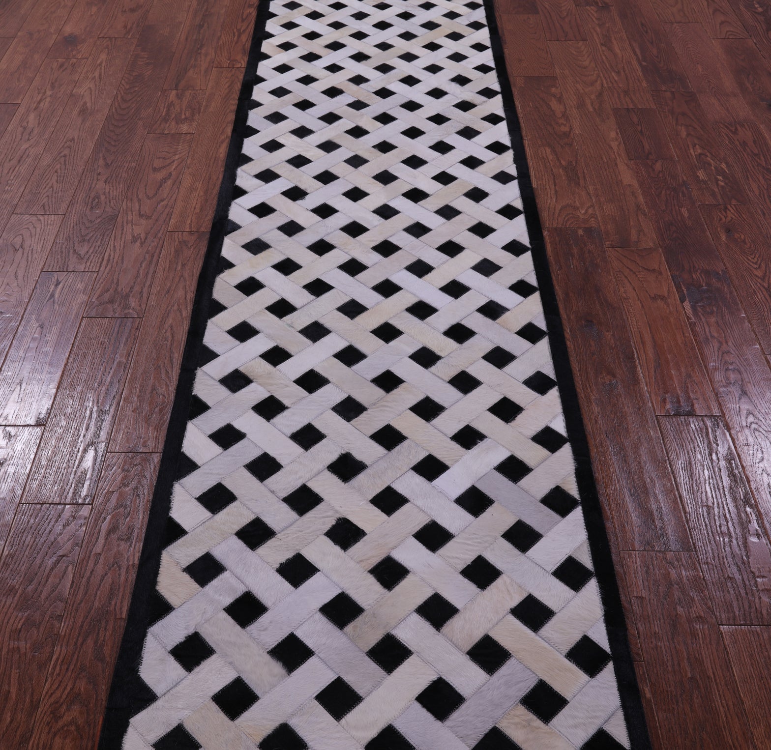 Black & White Natural Cowhide Hand Stitched Patchwork Runner Rug - 2' 6" X 12' 0"