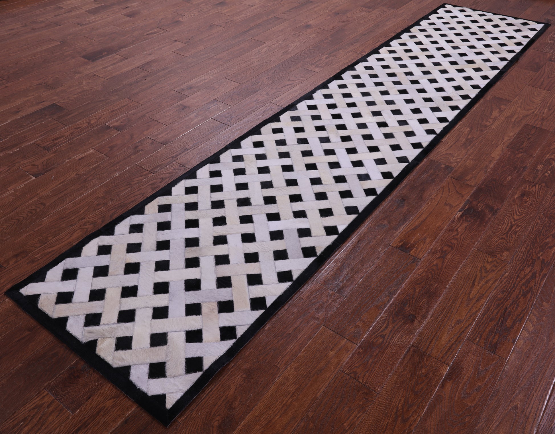 Black & White Natural Cowhide Hand Stitched Patchwork Runner Rug - 2' 6" X 12' 0"