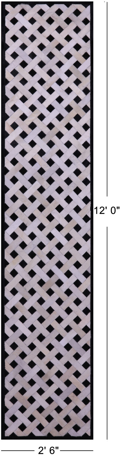 Black & White Natural Cowhide Hand Stitched Patchwork Runner Rug - 2' 6" X 12' 0"