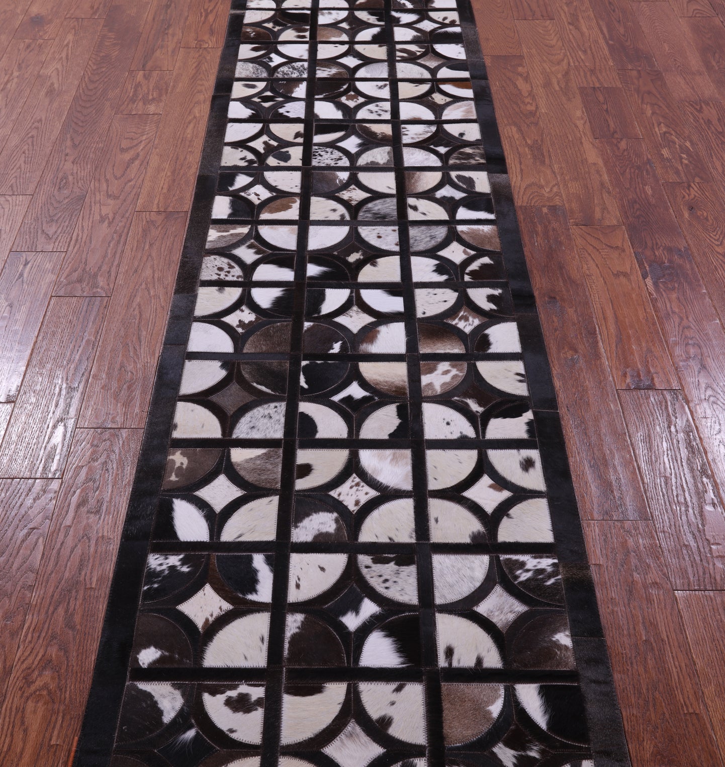 Brown & White Natural Cowhide Hand Stitched Patchwork Runner Rug - 2' 6" X 12' 0"