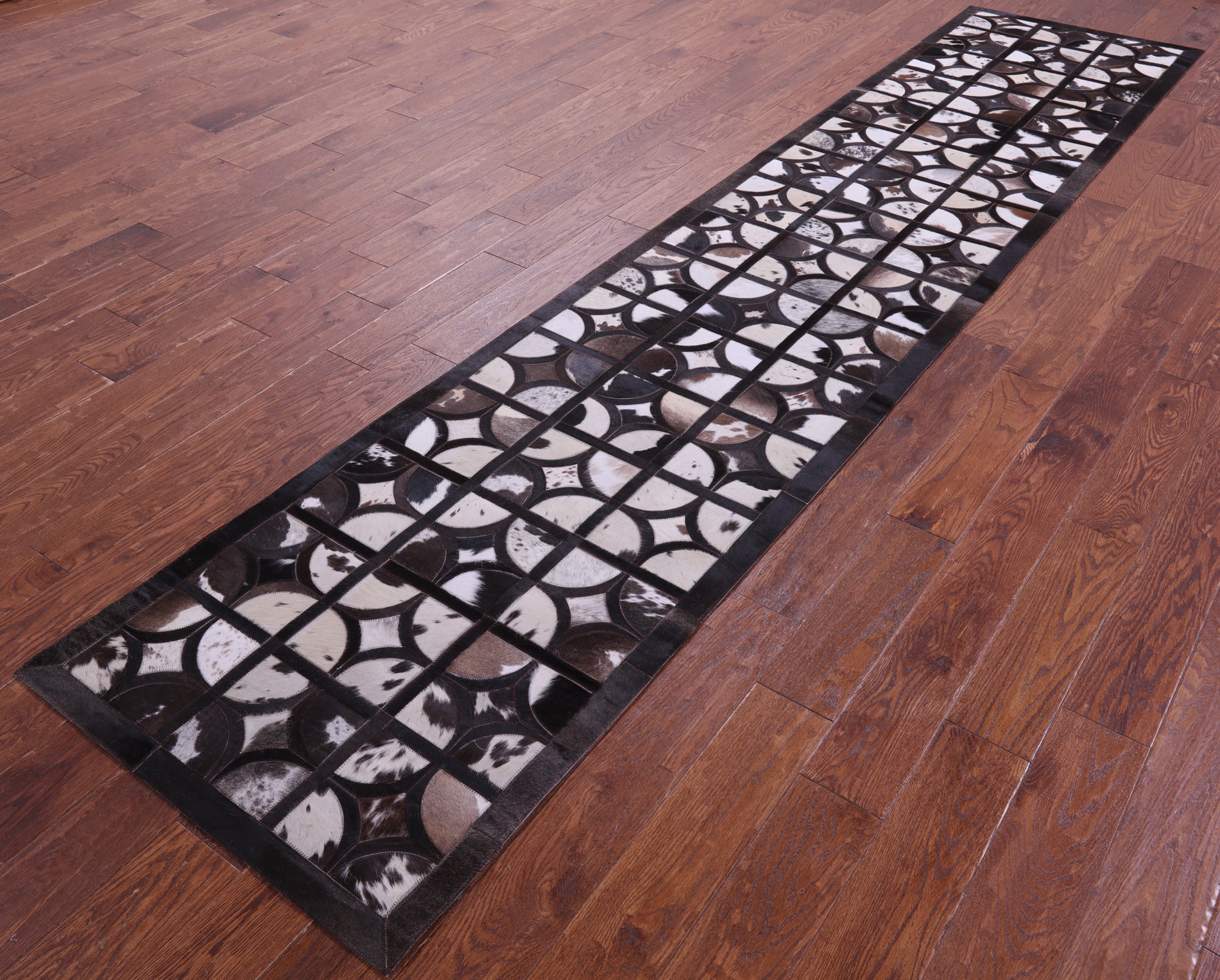 Brown & White Natural Cowhide Hand Stitched Patchwork Runner Rug - 2' 6" X 12' 0"