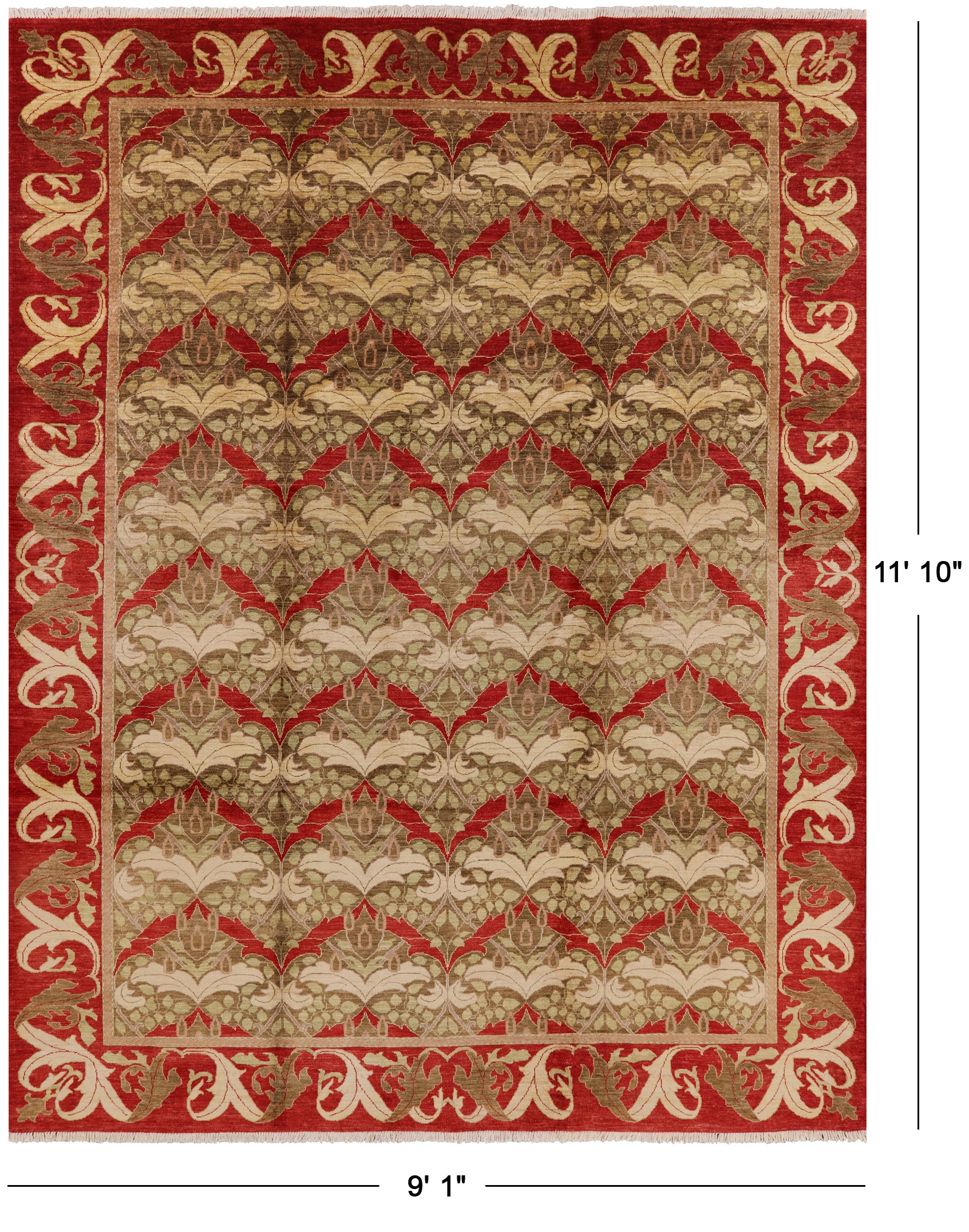 William Morris Handmade Wool Area Rug - 9' 1" X 11' 10" - Golden Nile