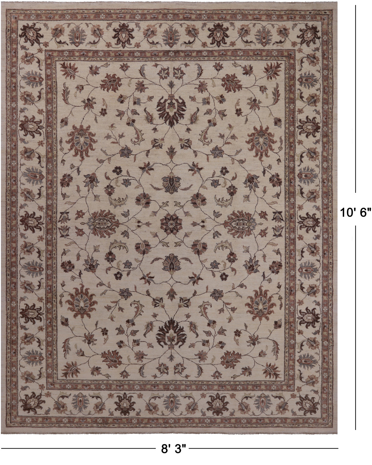 Ivory Peshawar Hand Knotted Area Rug - 8' 3" X 10' 6"