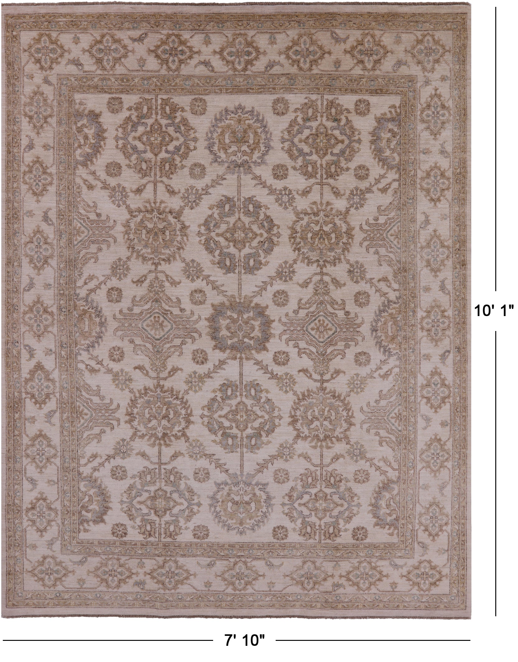 Ivory Peshawar Hand Knotted Rug - 7' 10" X 10' 1" - Golden Nile