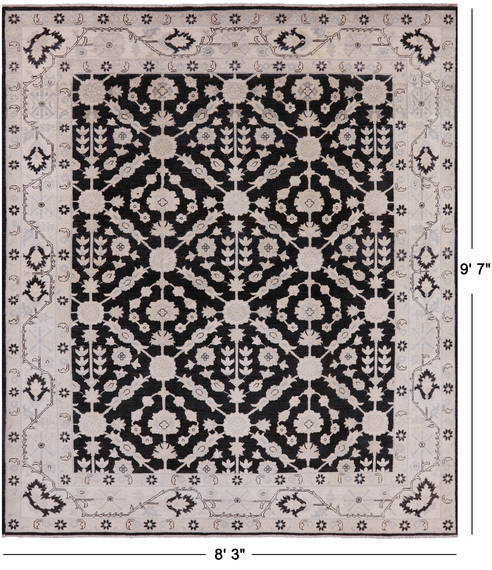 Black Chobi Peshawar Handmade Wool Rug - 8' 3" X 9' 7" - Golden Nile